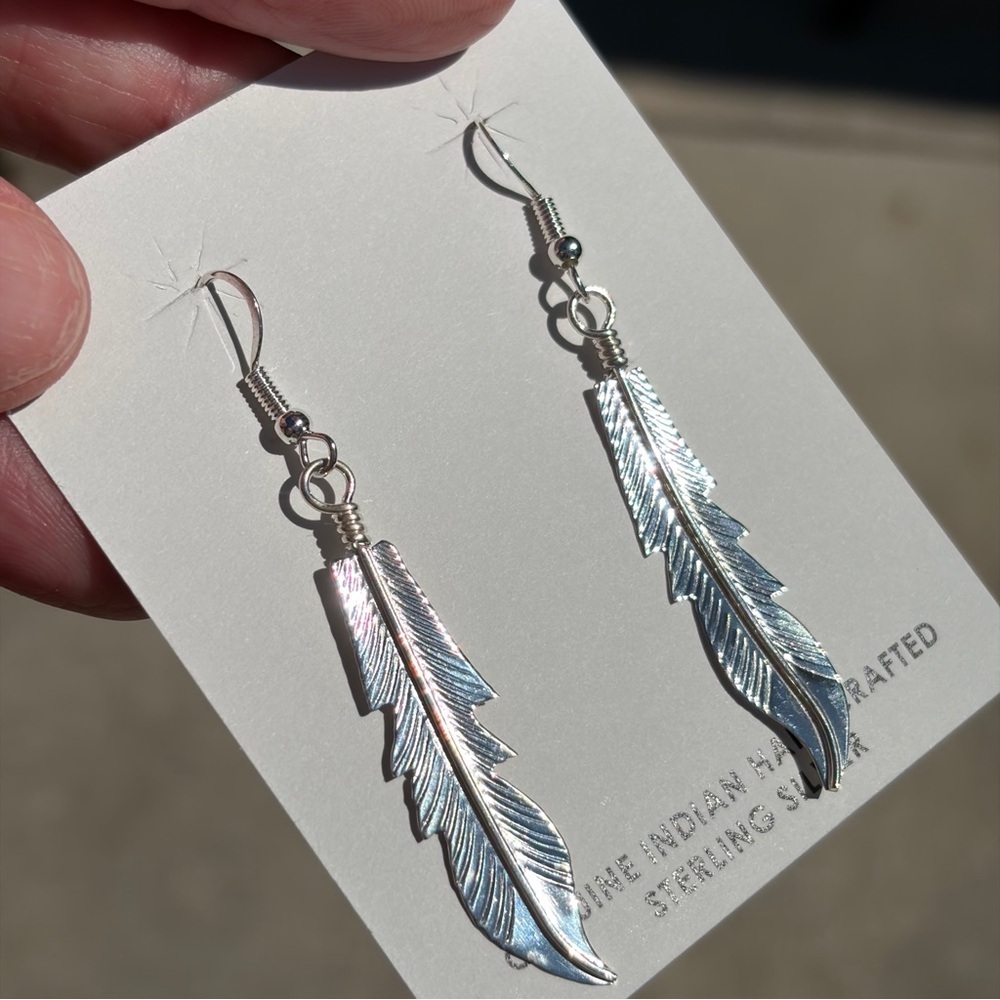 Allen Barney Signed Sterling Feather Dangle Earrings